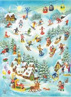 a painting of people skiing and snowboarding on a snowy day with houses, trees, and skis