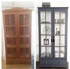 two pictures side by side, one with glass doors and the other with wooden shelves