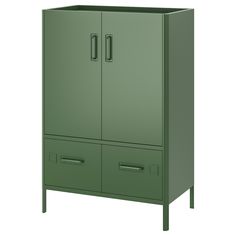 a green cabinet with two doors and drawers