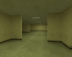 an empty room with no one in it and only two doors on the wall to the right