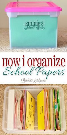 an organized school paper box with the title how i organize school papers on top and bottom