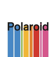 the polaroid logo is shown in black and rainbow colors, with an orange stripe