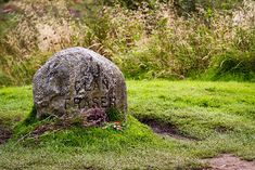 a large rock sitting on top of a lush green field