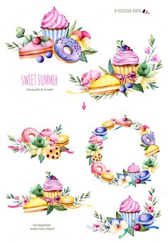 watercolor cupcakes and donuts with flowers on them