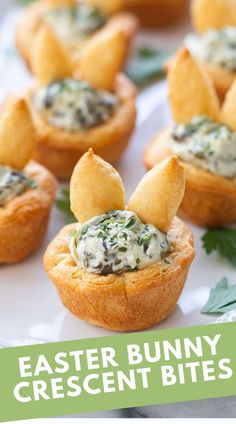 mini cheese and spinach cups with text overlay that reads easter bunny crescent bites