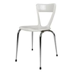 a white plastic chair with metal legs