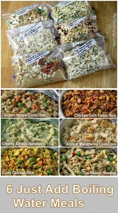 six images showing different types of food that are in bags and labeled with the words 6 just add boiling water meals