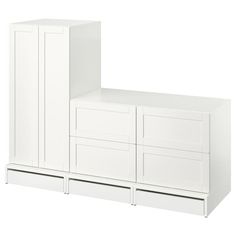 a white cabinet with three drawers and two doors on each side, against a white background