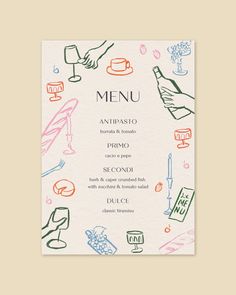 a menu with hand drawn food and drinks on the front, in pastel colors