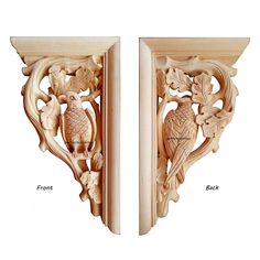 two carved wooden shelves with birds on them