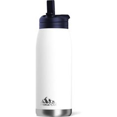 a white and blue water bottle on a white background