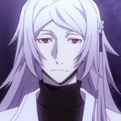 an anime character with long white hair and red eyes