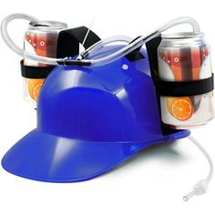 a blue helmet with oranges and soda cans attached to the side, on a white background