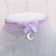 Lilac purple velvet lace choker necklace, bow little crescent moon , cute collar jewelry  ♡ Measurement ♡ lace width 2cm ♡ Length 30cm / 35cm  / 40cm  + 5cm tail White Lace Choker, Moon Cute, Purple Choker, Lace Choker Necklace, Purple Accessories, Pastel Goth Fashion, Purple Collar, Lace Choker, Lace Heart