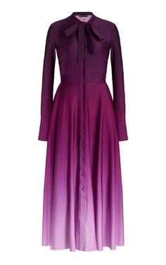 Long-Sleeve Button-Front Ombre Jersey Maxi Dress-Midi Dresses-Oscar de la Renta-US 12-Purple-Polyester-Runway Catalog Elegant Fitted Maxi Dress With Tie Fastening, Formal Fitted Ombre Dress, Fitted Ombre Midi Dress, Elegant Ombre Midi Dresses, Elegant Ombre Dresses For Spring, Degrade Dress, Violet Summer, Grace Rose, International Clothing