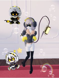 an animated image of a woman in tights and boots with bubbles floating around her