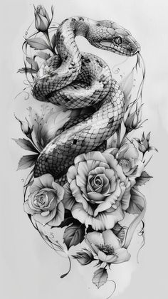 a snake and roses tattoo design