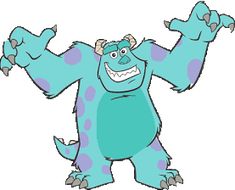 a blue and purple cartoon character with arms outstretched