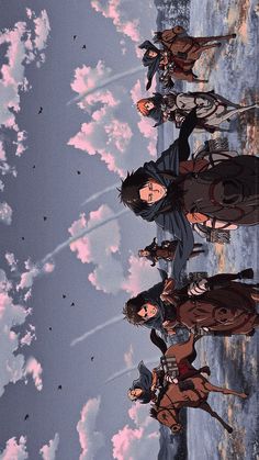 four anime characters standing in front of the sky with clouds and pink flowers on them