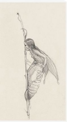 a pencil drawing of a woman holding onto a stick with her body wrapped around it