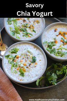 three bowls filled with soup and garnished with cilantro