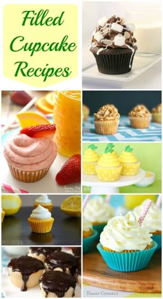 different cupcakes with frosting and toppings are shown in this collage