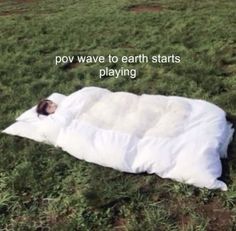 a person laying in the grass with a sleeping bag on it that says pov wave to earth starts playing