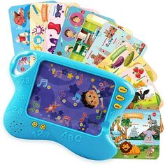 a blue children's tablet sitting on top of a pile of cards