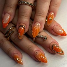 24pcs Gradient Orange False Nails 3D French Style Vertical Pattern Press On Nails Gold Stripe Burnt Orange And Brown Nails, Gold Orange Nails, Orange Nails Almond, Gel Nails Orange, Nails Blue Heart, Ginger Nails, Mango Nails, Fake Nails Blue, French Almond