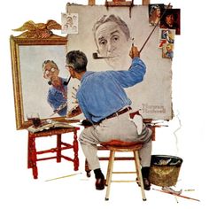 a man sitting in front of an easel painting on a canvas with two men