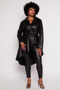 Long Sleeves, Collar, High Low Hem, Belt Included, Grommets, Solid, Faux Leather, Fleece, Item Number 3932076453852 Plus Size Belts, Plus Lingerie, Romper And Jacket, Metallic Shoes, Denim Shoes, Faux Leather Jacket, Leather Jacket Black, Denim Jumpsuit, New Tops