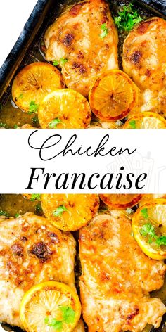 chicken with oranges and parsley in a pan on a white background, text overlay reads chicken francaise