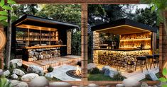 an outdoor bar is lit up at night and surrounded by rocks, trees, and plants