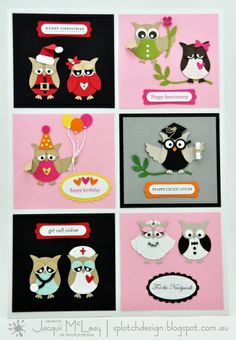 an assortment of greeting cards with owls on them