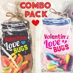 two bags of candy with the words valentine love bugs in front of it and an image of