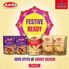 an ad for aashi bazaar with food items on it and the words festive ready