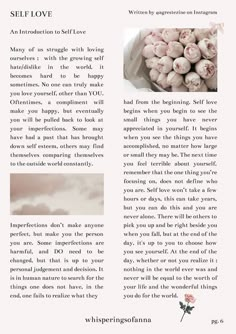 an article about self love with pictures of flowers and clouds in the background, as well as text that reads self love