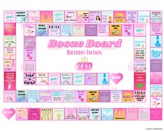 a birthday board game with pink and blue designs on it's sides, including the words booze board