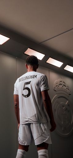 a soccer player is standing in the dressing room