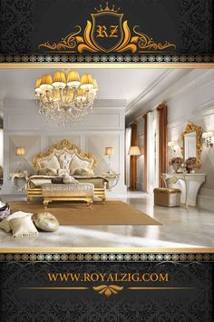 an ornately decorated bedroom with chandelier and gold accents on the bedding