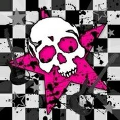 a skull and star on a checkered background with pink paint splattered over it