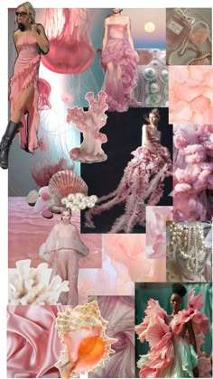 a collage of pink and white images with flowers, pearls, feathers and other things