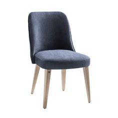 an upholstered chair with wooden legs and a dark blue fabric seat padding