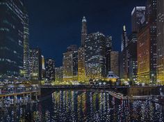 a painting of a city at night with lights reflecting off the water and buildings in the background