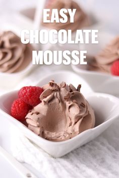 chocolate mousse with raspberries in a white bowl