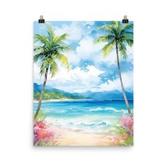 a painting of two palm trees on the beach with blue water and clouds in the background