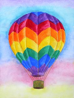 a painting of a hot air balloon with many colors on it's side and the sky in the background