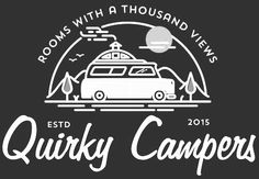 the logo for quirky campers, with an rv parked in front of it