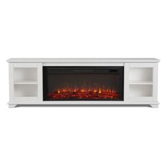 a white entertainment center with an electric fire in the middle and shelves on both sides