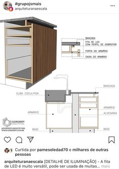 the diagram shows how to build an outdoor kitchen with wood and metal details, including cabinets